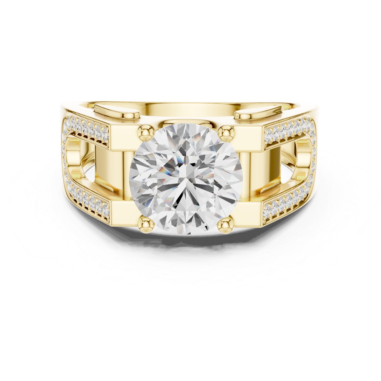 Gold ring with a large diamond and smaller diamonds on the band against a white background