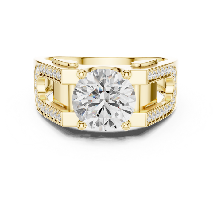 Gold ring with a large diamond and smaller diamonds on the band against a white background