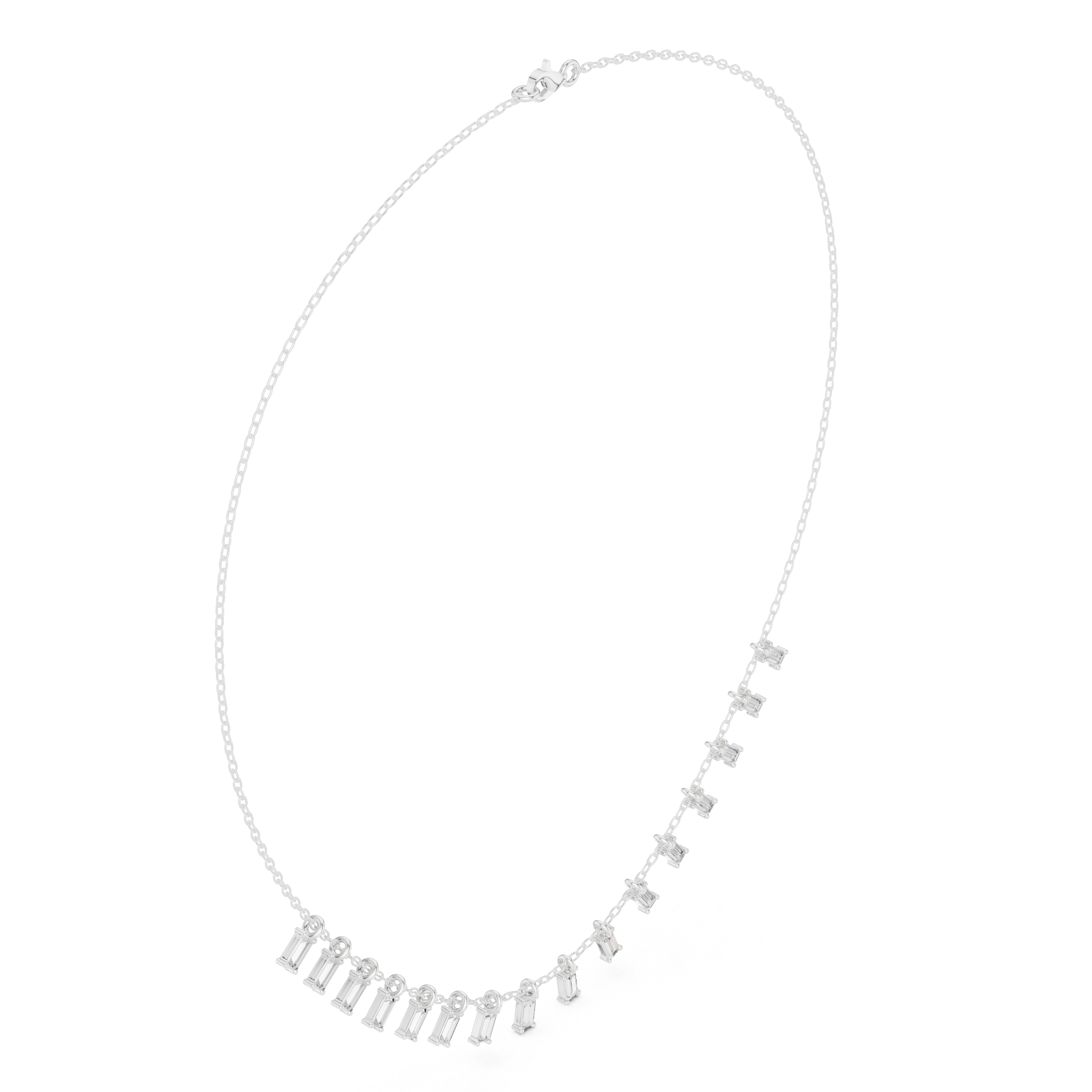 Baguette diamond necklace with delicate fringe drop design