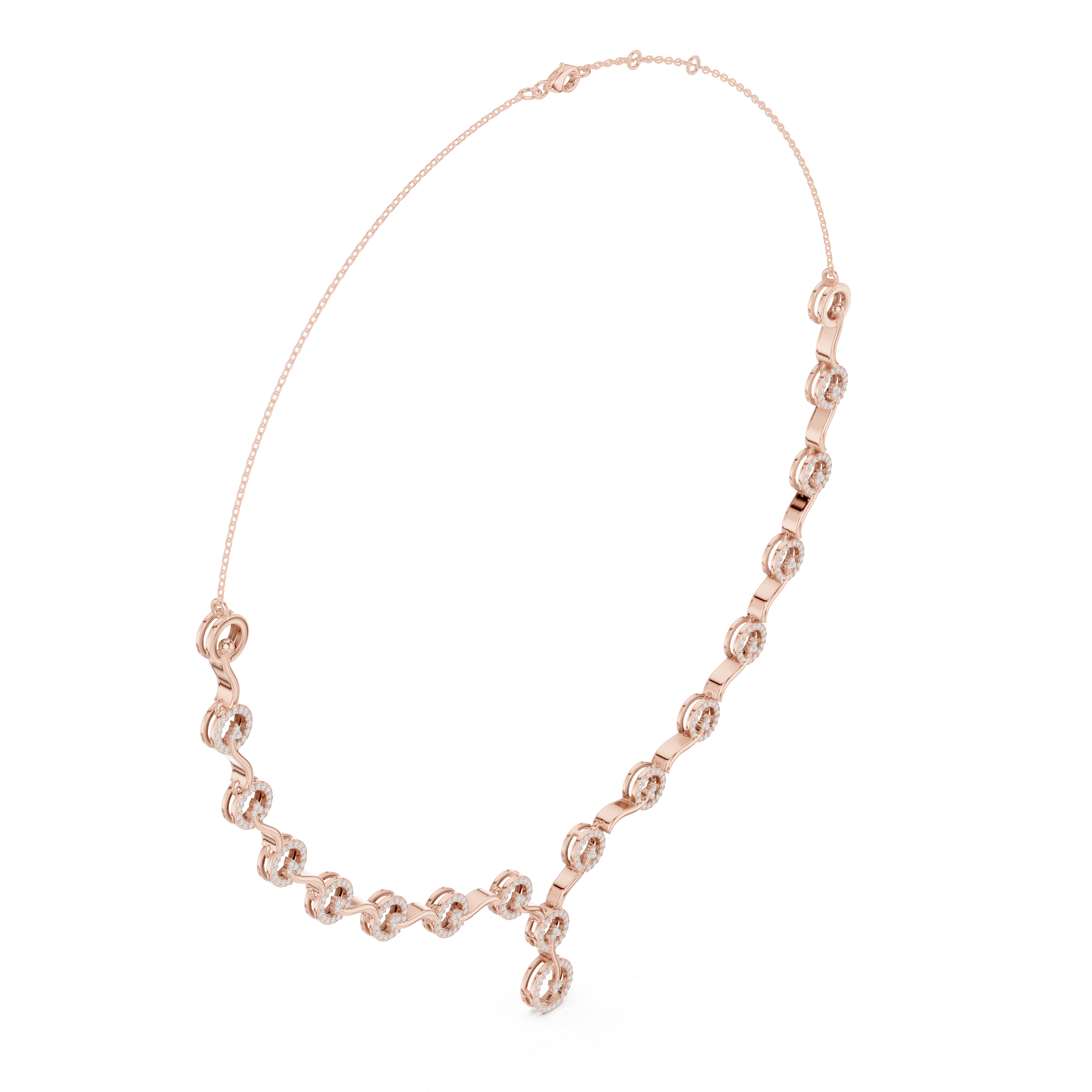 Diamond circle link necklace with flowing wave design