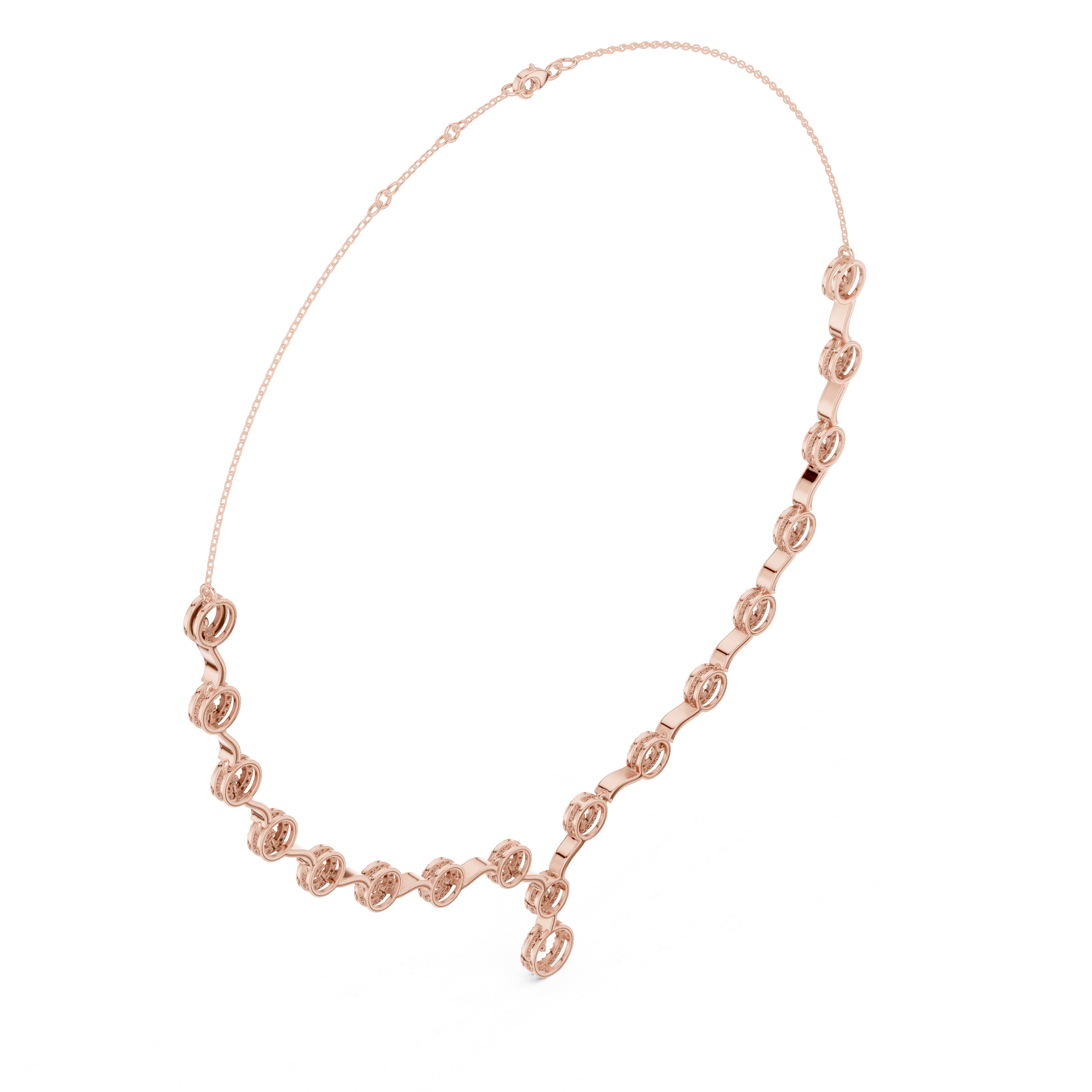 Diamond circle link necklace with flowing wave design