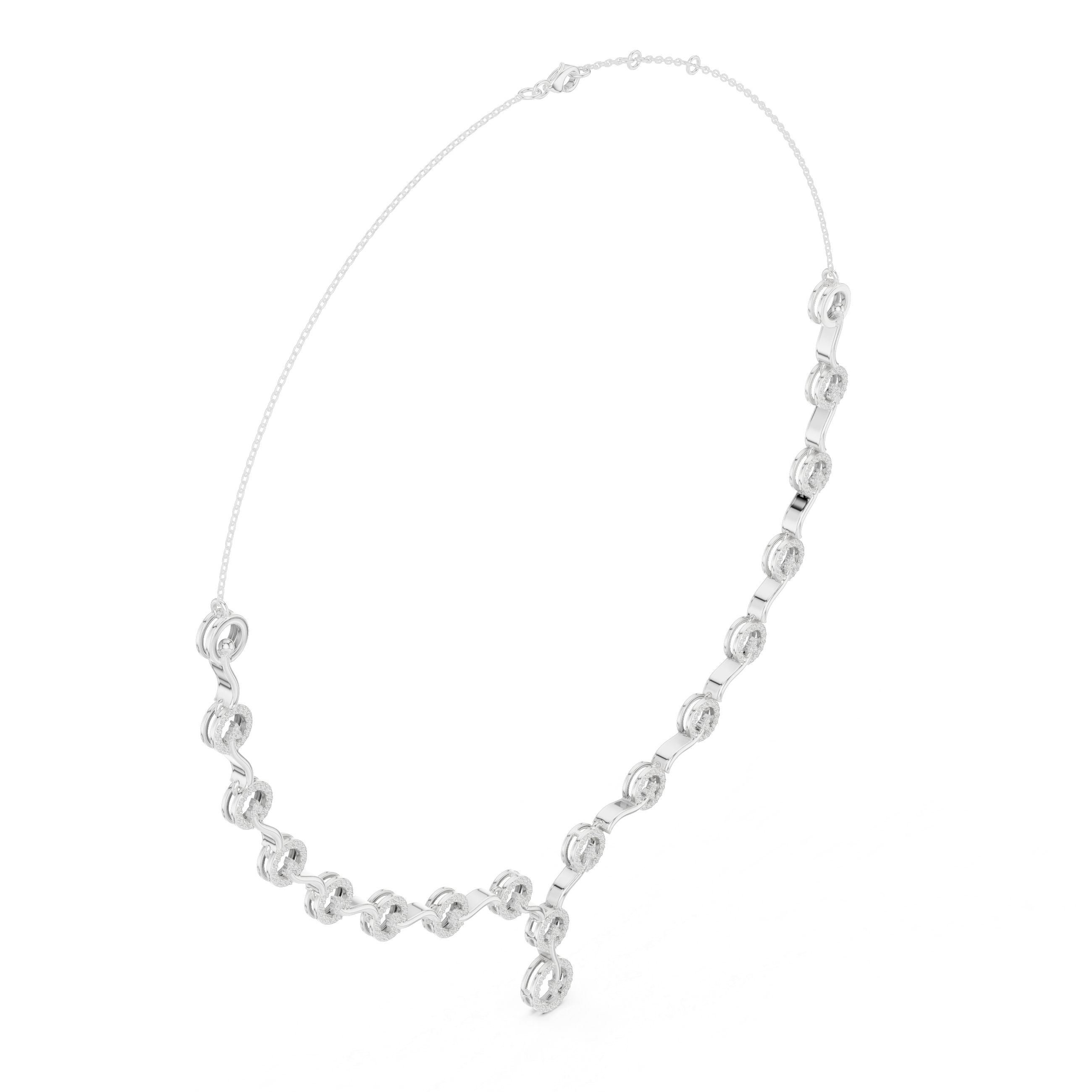 Diamond circle link necklace with flowing wave design