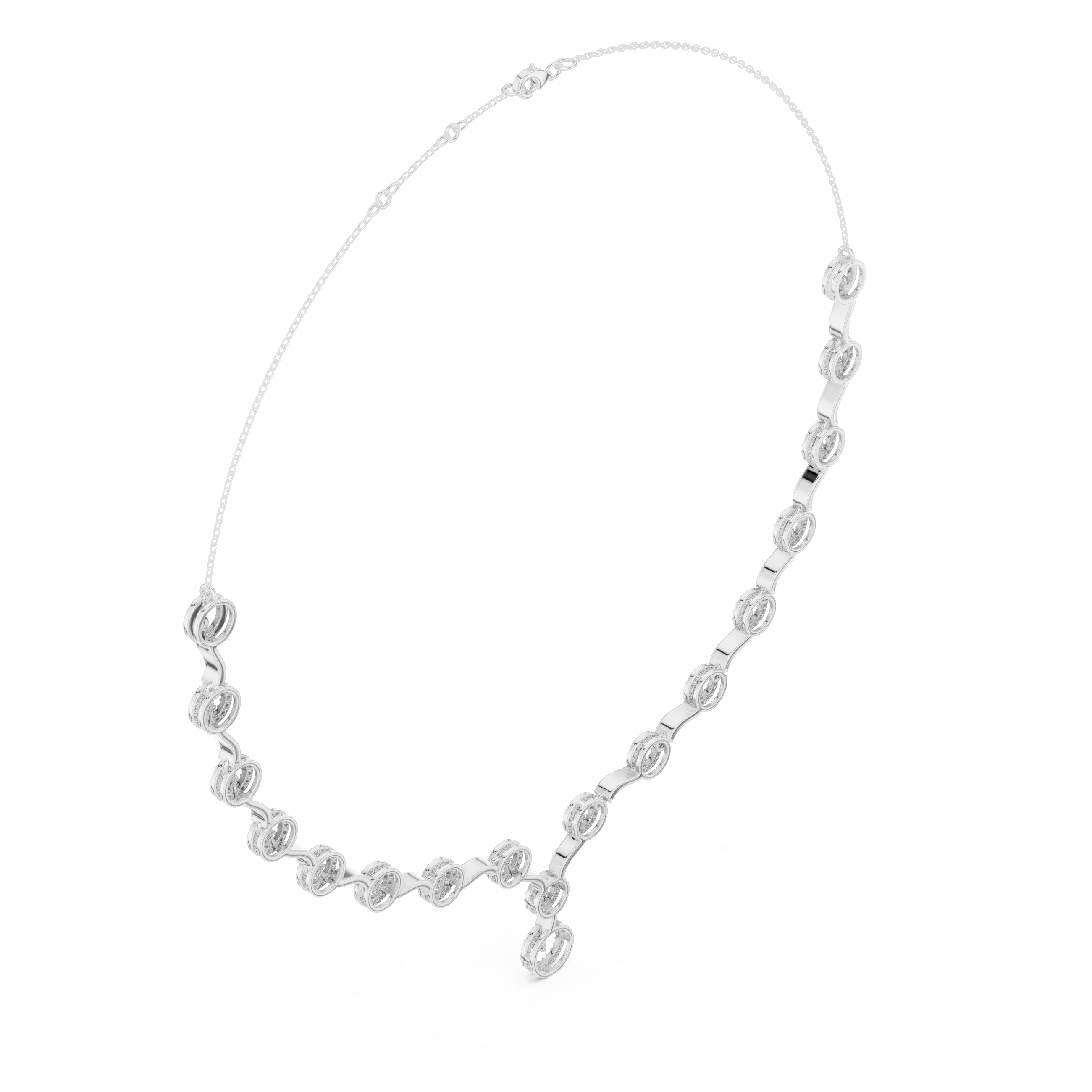 Diamond circle link necklace with flowing wave design