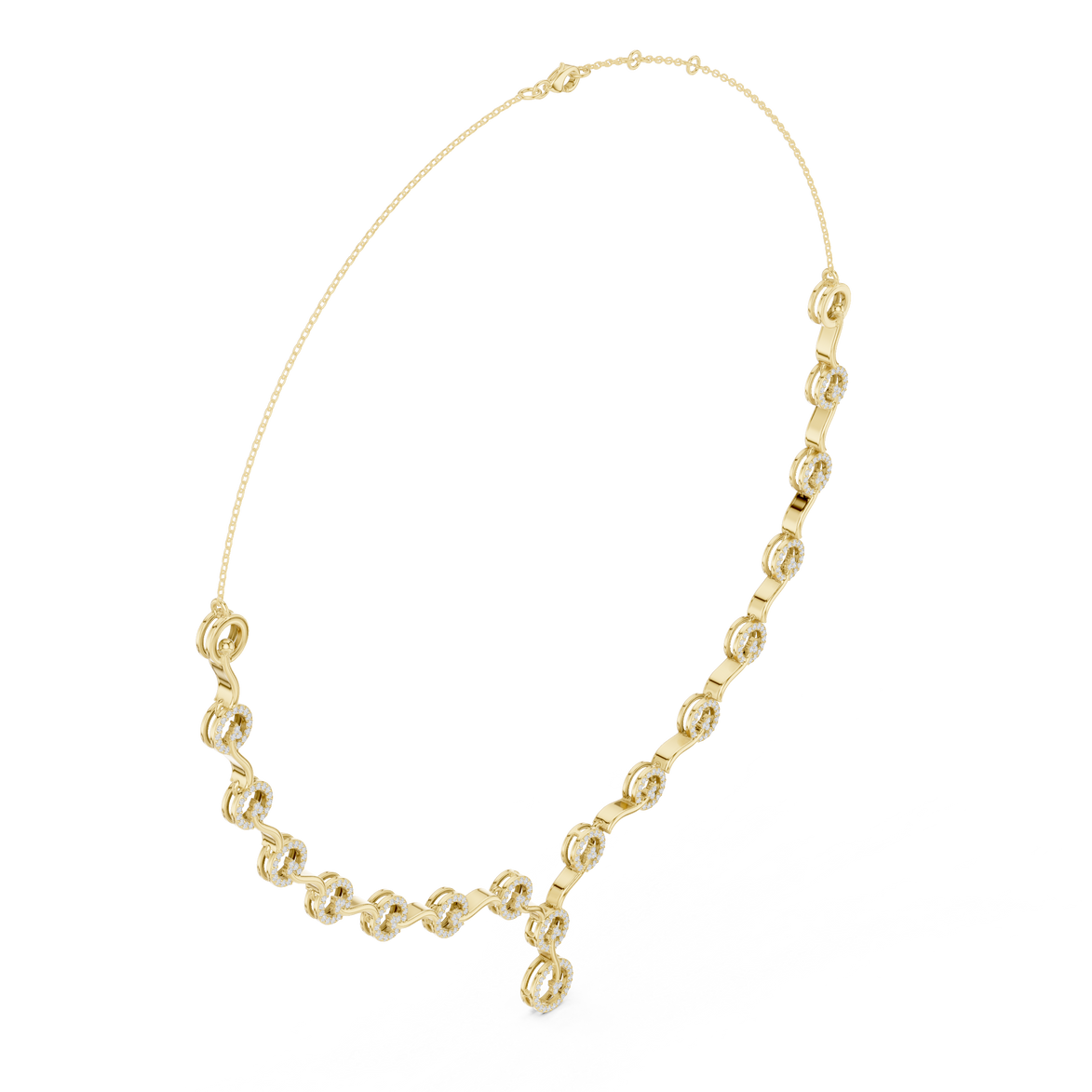 Diamond circle link necklace with flowing wave design