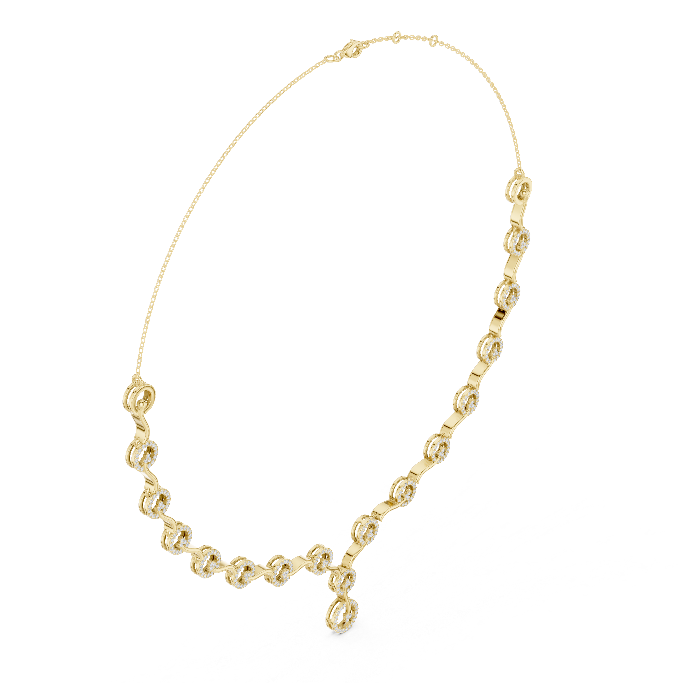 Diamond circle link necklace with flowing wave design
