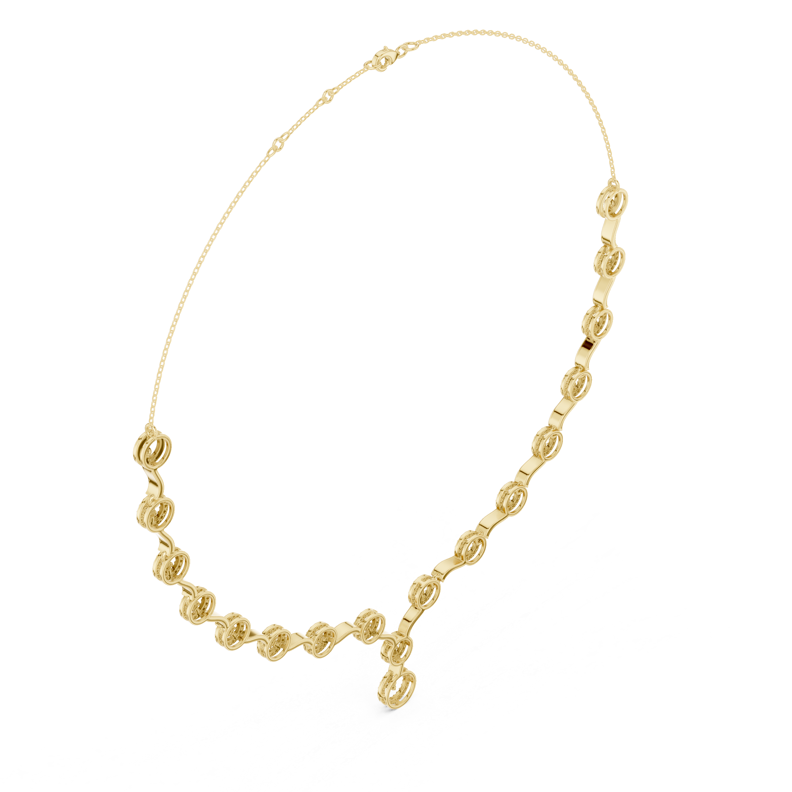 Diamond circle link necklace with flowing wave design