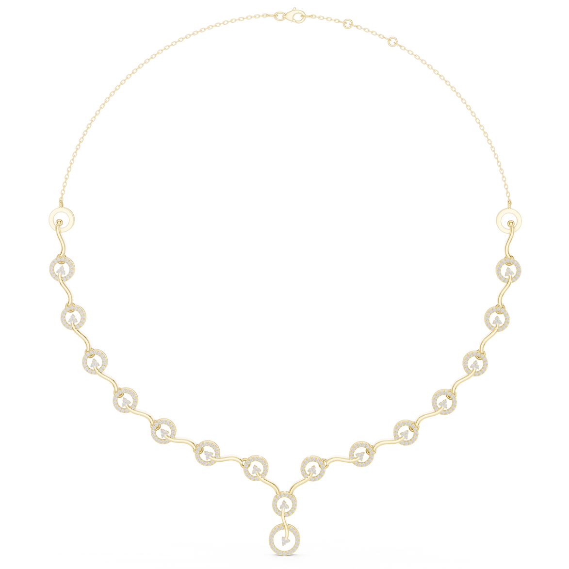 Diamond circle link necklace with flowing wave design