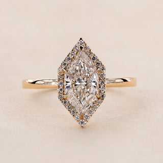 Dutch Marquise cut lab grown diamond halo engagement ring in 18K yellow gold with six-prong setting and plain comfort-fit band.