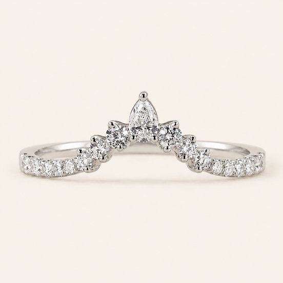 Pear Lab Grown Diamond Chevron Wedding Band with Round Brilliant Diamonds in White Gold