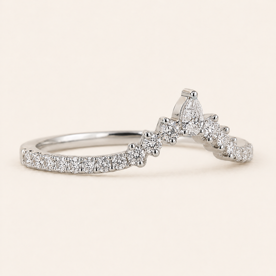 Pear Lab Grown Diamond Chevron Wedding Band with Round Brilliant Diamonds in White Gold