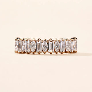 Baguette and marquise Lab Grown Diamond full eternity wedding band in rose gold with a shared prong setting.