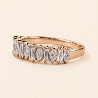 Baguette and marquise Lab Grown Diamond full eternity wedding band in rose gold with a shared prong setting.