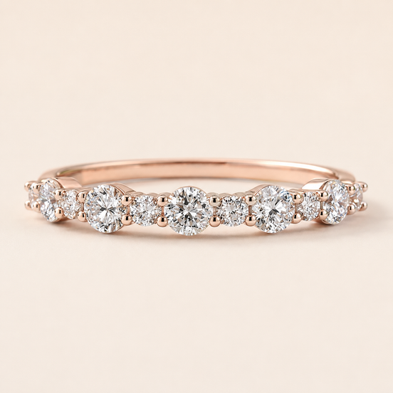 Round Lab Grown Diamond Bubble Wedding Band with Graduated Shared-Prong Diamonds in Rose Gold