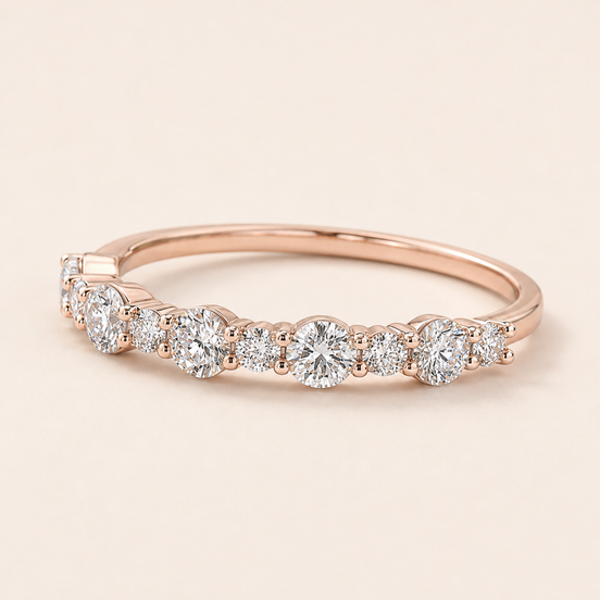 Round Lab Grown Diamond Bubble Wedding Band with Graduated Shared-Prong Diamonds in Rose Gold
