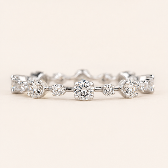 Round Lab Grown Diamond Eternity Wedding Band with Floating Shared-Prong Setting in White Gold