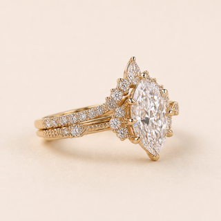 Dutch Marquise Lab Grown Diamond Bridal Set with Chevron Wedding Band in Yellow Gold