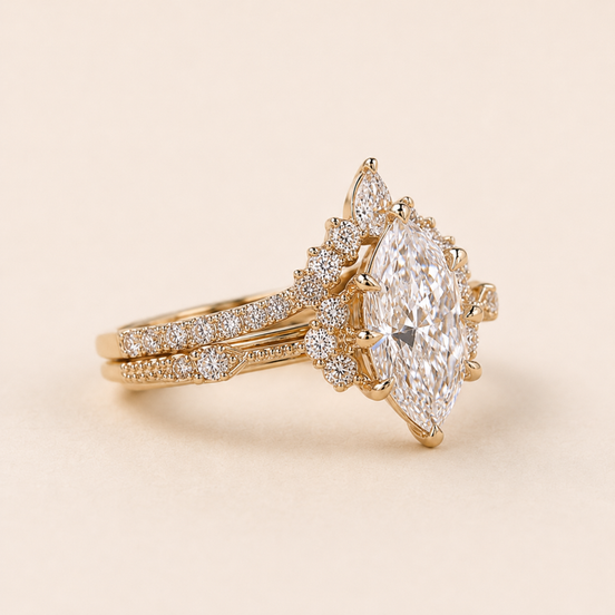 Dutch Marquise Lab Grown Diamond Bridal Set with Chevron Wedding Band in Yellow Gold