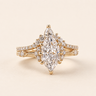 Dutch Marquise Lab Grown Diamond Bridal Set with Chevron Wedding Band in Yellow Gold