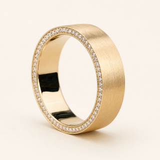 Round Lab Grown Diamond Men's Wedding Band with Matte Finish and Inner Diamond Row in Yellow Gold