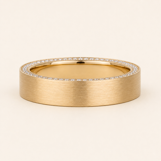 Round Lab Grown Diamond Men's Wedding Band with Matte Finish and Inner Diamond Row in Yellow Gold