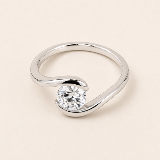 Round Lab Grown Diamond Solitaire Engagement Ring with Modern Bypass Semi-Bezel Setting in White Gold