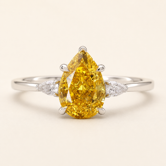 Pear Intense Yellow Lab Grown Diamond Three-Stone Engagement Ring with Trillion Side Diamonds in White Gold