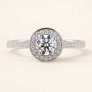 Round Lab Grown Diamond Halo Engagement Ring with Micro Pavé Shank in White Gold