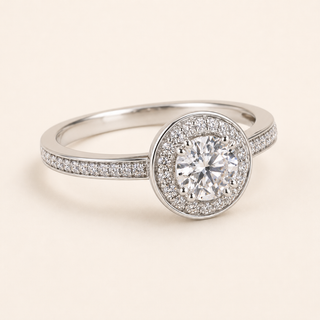 Round Lab Grown Diamond Halo Engagement Ring with Micro Pavé Shank in White Gold