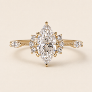 Marquise Lab Grown Diamond Vintage Engagement Ring with Floral Cluster Side Diamonds in Yellow Gold