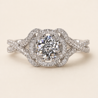 Jubilee Lab Grown Diamond Halo Engagement Ring with Floral Split Infinity Shank in White Gold