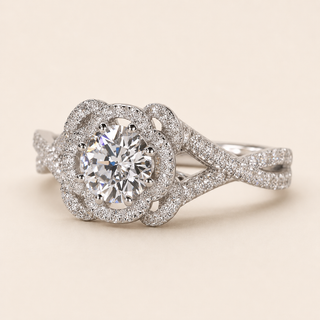 Jubilee Lab Grown Diamond Halo Engagement Ring with Floral Split Infinity Shank in White Gold
