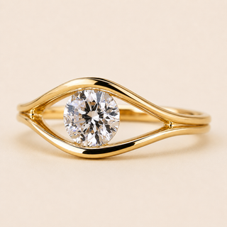 Round Lab Grown Diamond Solitaire Engagement Ring with Eye-Shaped Semi-Bezel Setting in Yellow Gold