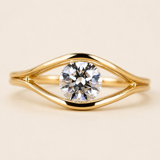 Round Lab Grown Diamond Solitaire Engagement Ring with Eye-Shaped Semi-Bezel Setting in Yellow Gold