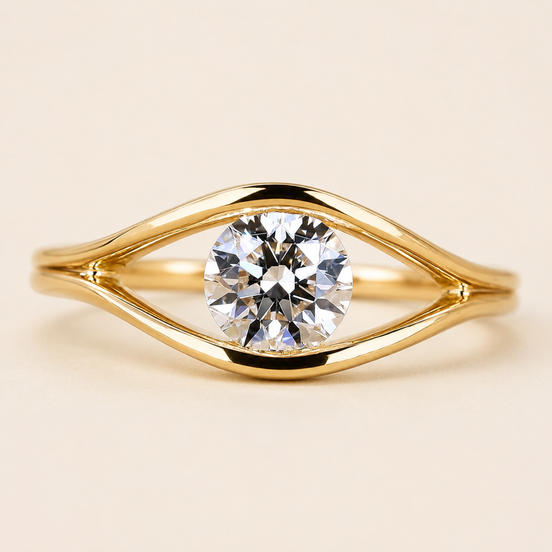 Round Lab Grown Diamond Solitaire Engagement Ring with Eye-Shaped Semi-Bezel Setting in Yellow Gold