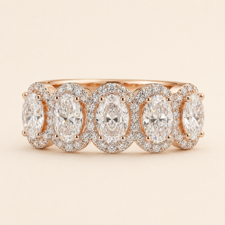 Oval Lab Grown Diamond Five-Stone Halo Engagement Ring with Shared Gallery in Rose Gold