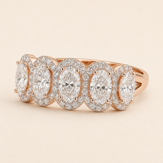 Oval Lab Grown Diamond Five-Stone Halo Engagement Ring with Shared Gallery in Rose Gold