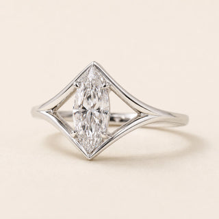 Marquise Lab Grown Diamond geometric engagement ring in white gold with a kite-frame split shank and six-prong cathedral basket.