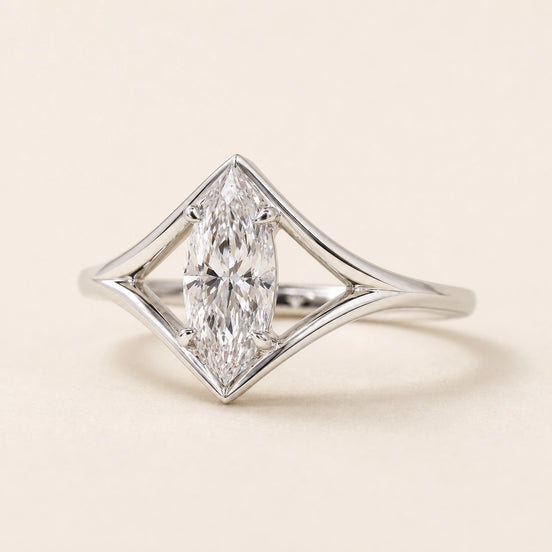 Marquise Lab Grown Diamond geometric engagement ring in white gold with a kite-frame split shank and six-prong cathedral basket.