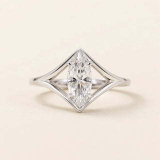 Marquise Lab Grown Diamond geometric engagement ring in white gold with a kite-frame split shank and six-prong cathedral basket.