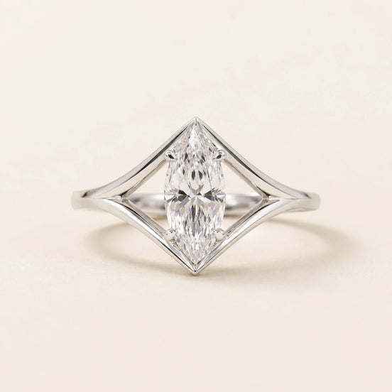 Marquise Lab Grown Diamond geometric engagement ring in white gold with a kite-frame split shank and six-prong cathedral basket.
