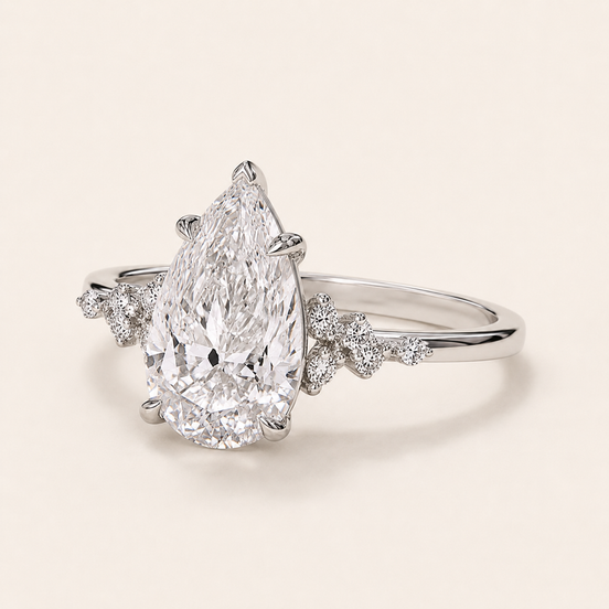 Aurora Pear Lab Grown Diamond Solitaire Engagement Ring with Snowdrift Marquise & Round Diamond Clusters in White Gold