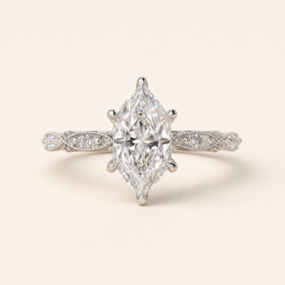 Celestial Dutch Marquise Lab Grown Diamond Engagement Ring with Milgrain Pavé Shank in White Gold