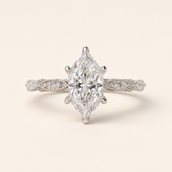 Celestial Dutch Marquise Lab Grown Diamond Engagement Ring with Milgrain Pavé Shank in White Gold