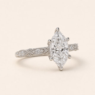 Celestial Dutch Marquise Lab Grown Diamond Engagement Ring with Milgrain Pavé Shank in White Gold