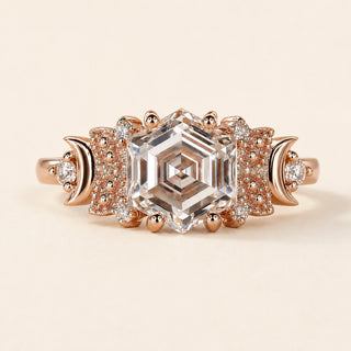 Hexagon step cut Lab Grown Diamond vintage engagement ring in rose gold with Art Deco side galleries and round diamond accents.