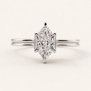 Dutch marquise Lab Grown Diamond engagement ring in white gold with a parallel dual shank and six-prong cathedral basket.