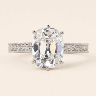Cushion Old Mine Cut Lab Grown Diamond vintage engagement ring in white gold with an eight-prong cathedral basket, engraved split shoulders and milgrain detailing.