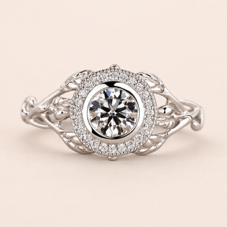 Round Lab Grown Diamond Nature Halo Engagement Ring with Bezel Center and Leaf Vine Filigree in White Gold