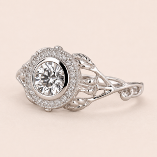 Round Lab Grown Diamond Nature Halo Engagement Ring with Bezel Center and Leaf Vine Filigree in White Gold