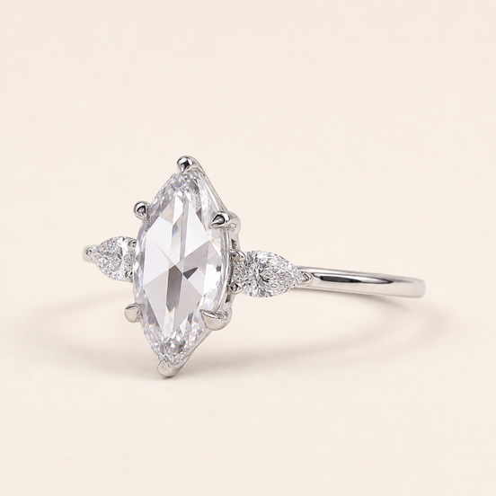 Marquise Lab Grown Diamond Three-Stone Engagement Ring with Pear Side Diamonds in White Gold
